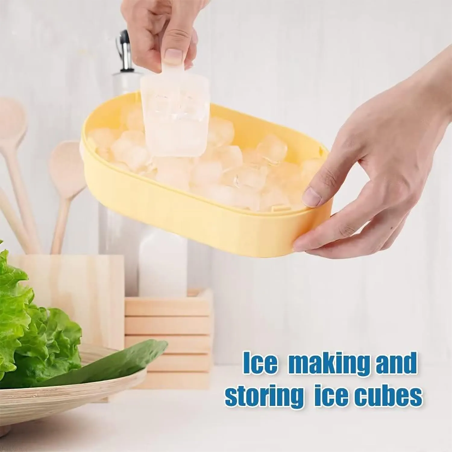 Kuber Industries Pack of 2|2 Layer Ice Cube Tray with Lid | Ice Cube Storage Box with Ice Scoop | 72 Ice Cube Molds for Freezing | One-Press Demolding | BPA Free | Yellow