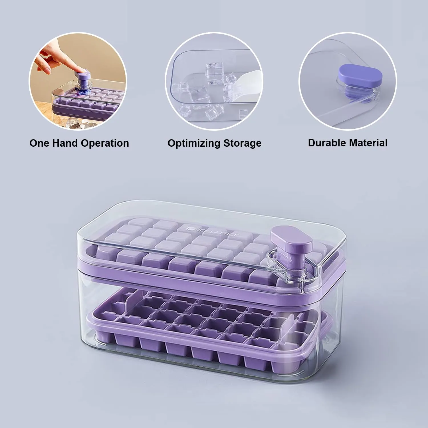 Kuber Industries Pack of 5| 2 Layer Ice Cube Tray with Lid | Ice Cube Storage Box with Ice Scoop | 64 Ice Cube Molds for Freezing | One-Press Demolding | BPA Free | Purple