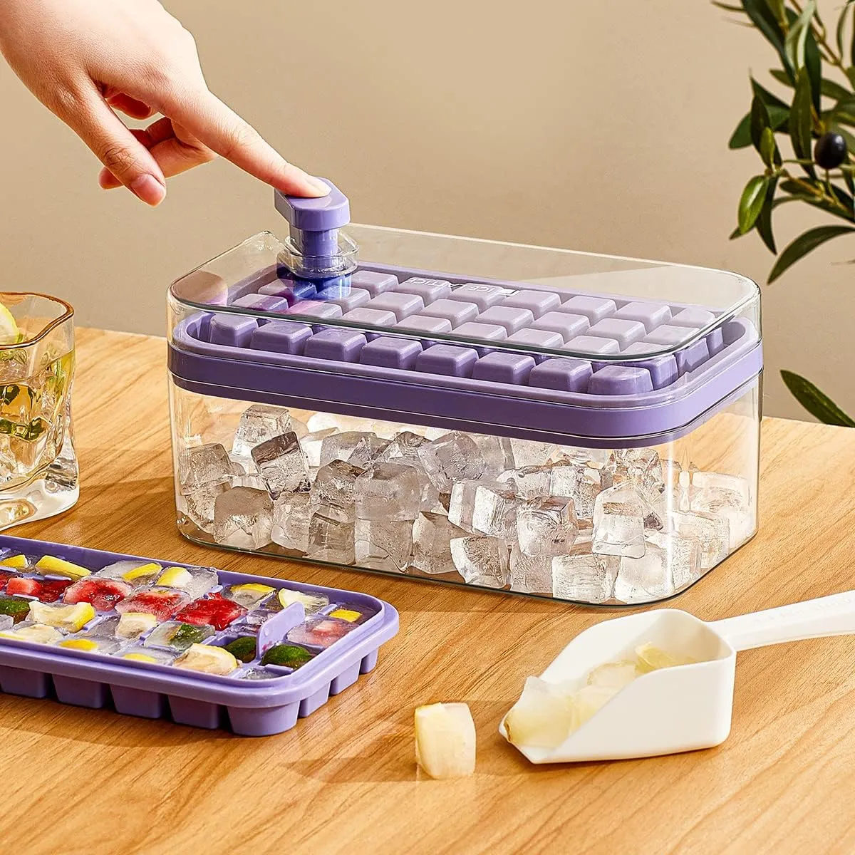 Kuber Industries Pack of 5| 2 Layer Ice Cube Tray with Lid | Ice Cube Storage Box with Ice Scoop | 64 Ice Cube Molds for Freezing | One-Press Demolding | BPA Free | Purple