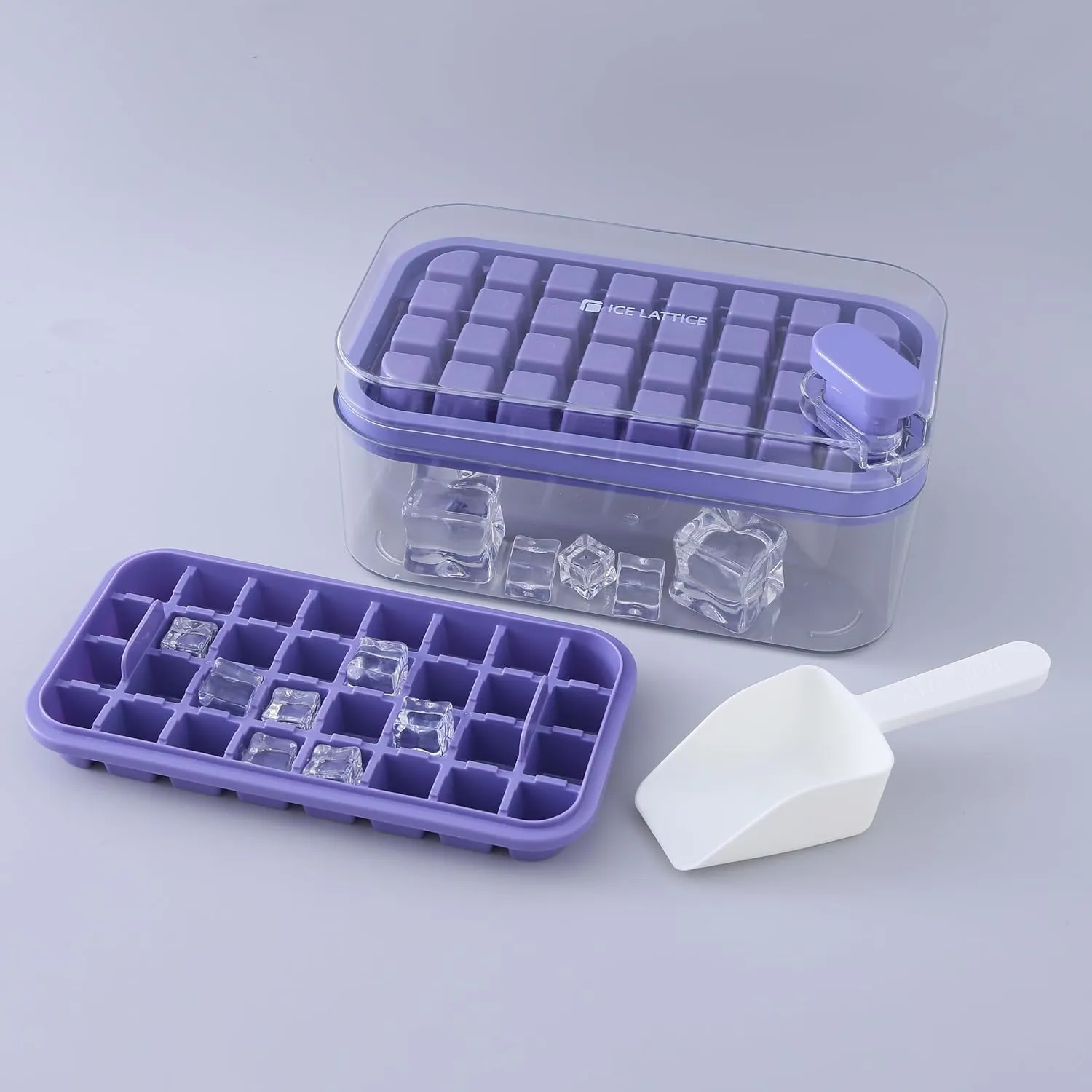 Kuber Industries Pack of 5| 2 Layer Ice Cube Tray with Lid | Ice Cube Storage Box with Ice Scoop | 64 Ice Cube Molds for Freezing | One-Press Demolding | BPA Free | Purple