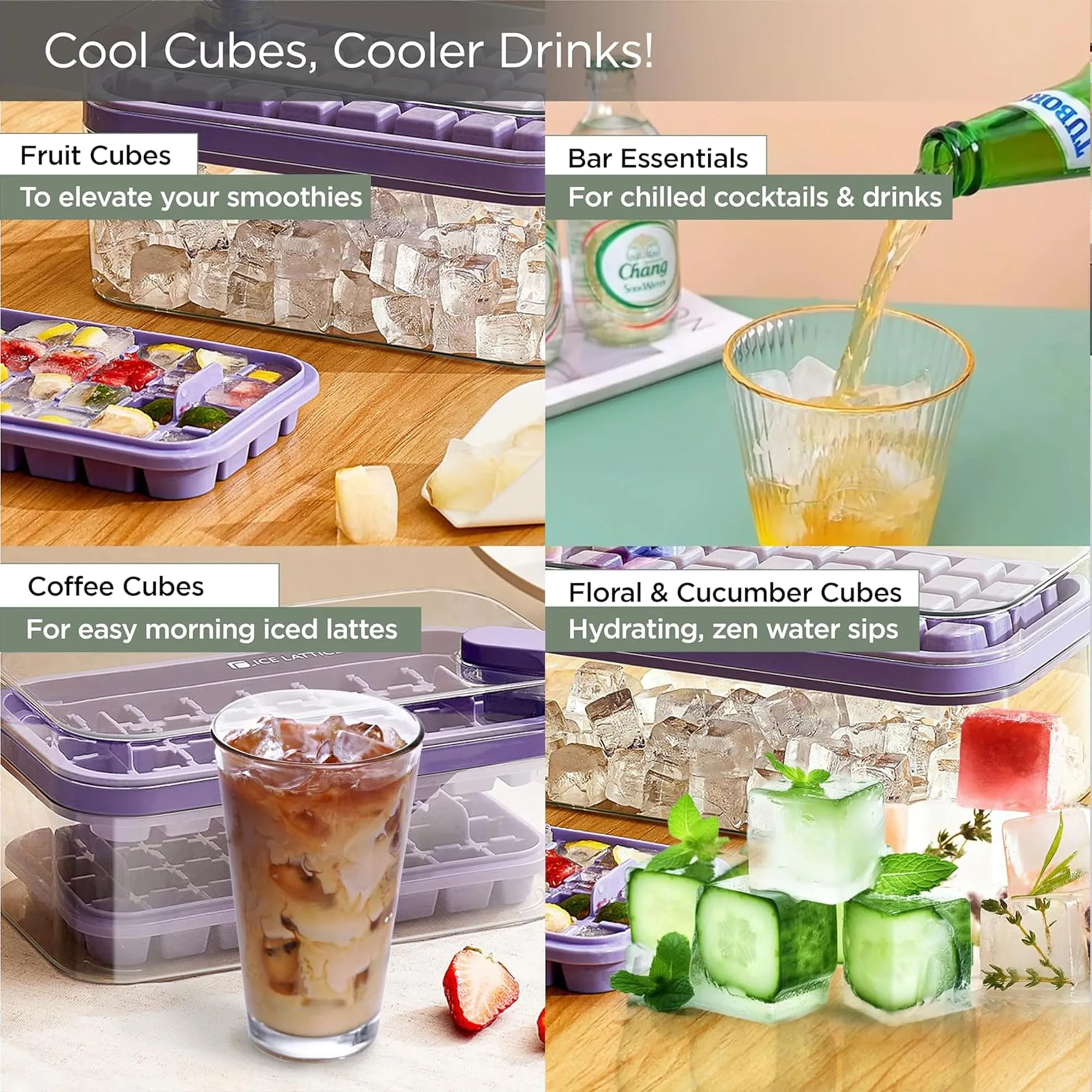 Kuber Industries Pack of 5| 2 Layer Ice Cube Tray with Lid | Ice Cube Storage Box with Ice Scoop | 64 Ice Cube Molds for Freezing | One-Press Demolding | BPA Free | Purple