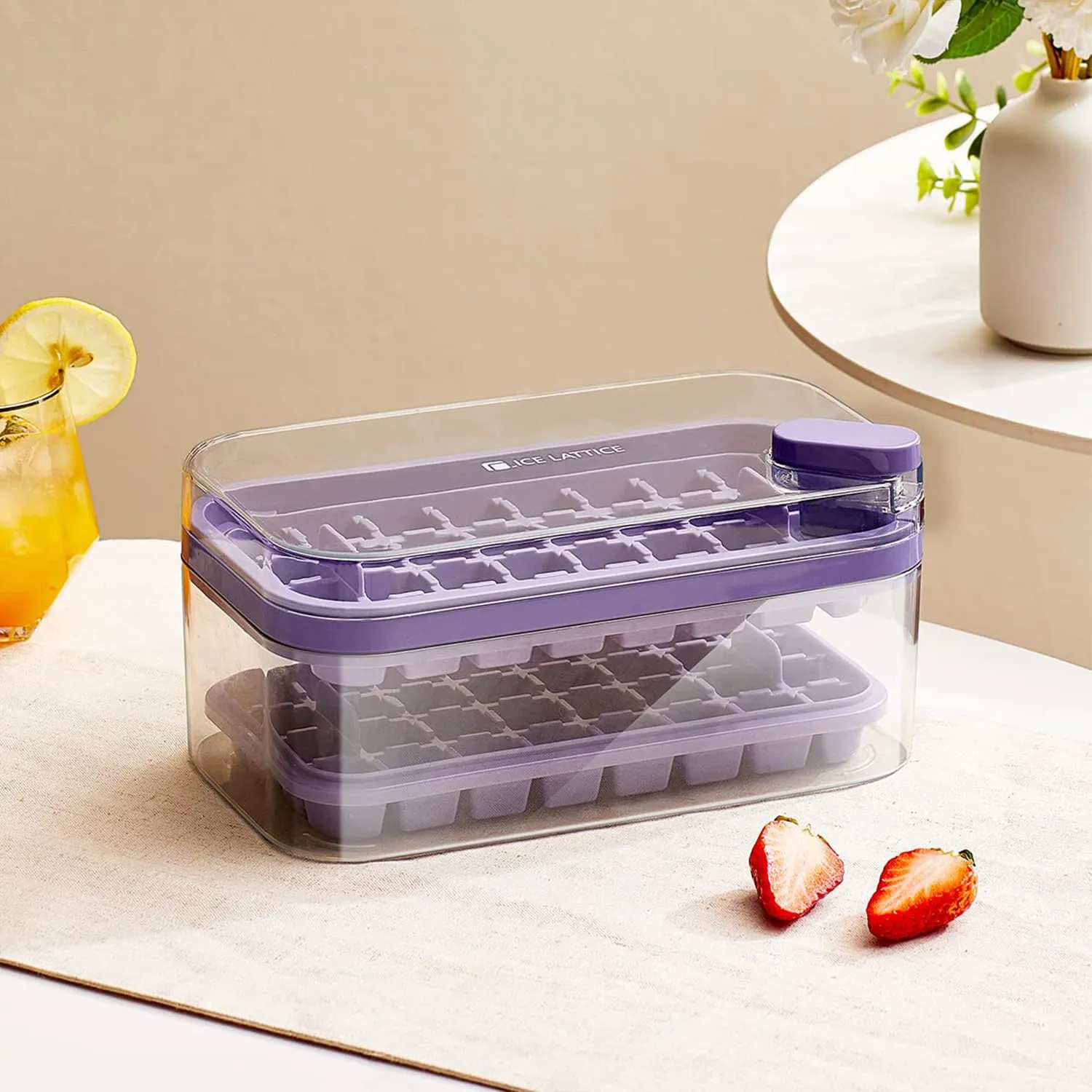 Kuber Industries Pack of 5| 2 Layer Ice Cube Tray with Lid | Ice Cube Storage Box with Ice Scoop | 64 Ice Cube Molds for Freezing | One-Press Demolding | BPA Free | Purple