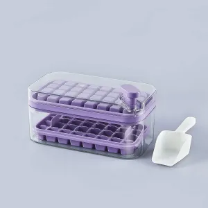 Kuber Industries Pack of 5| 2 Layer Ice Cube Tray with Lid | Ice Cube Storage Box with Ice Scoop | 64 Ice Cube Molds for Freezing | One-Press Demolding | BPA Free | Purple