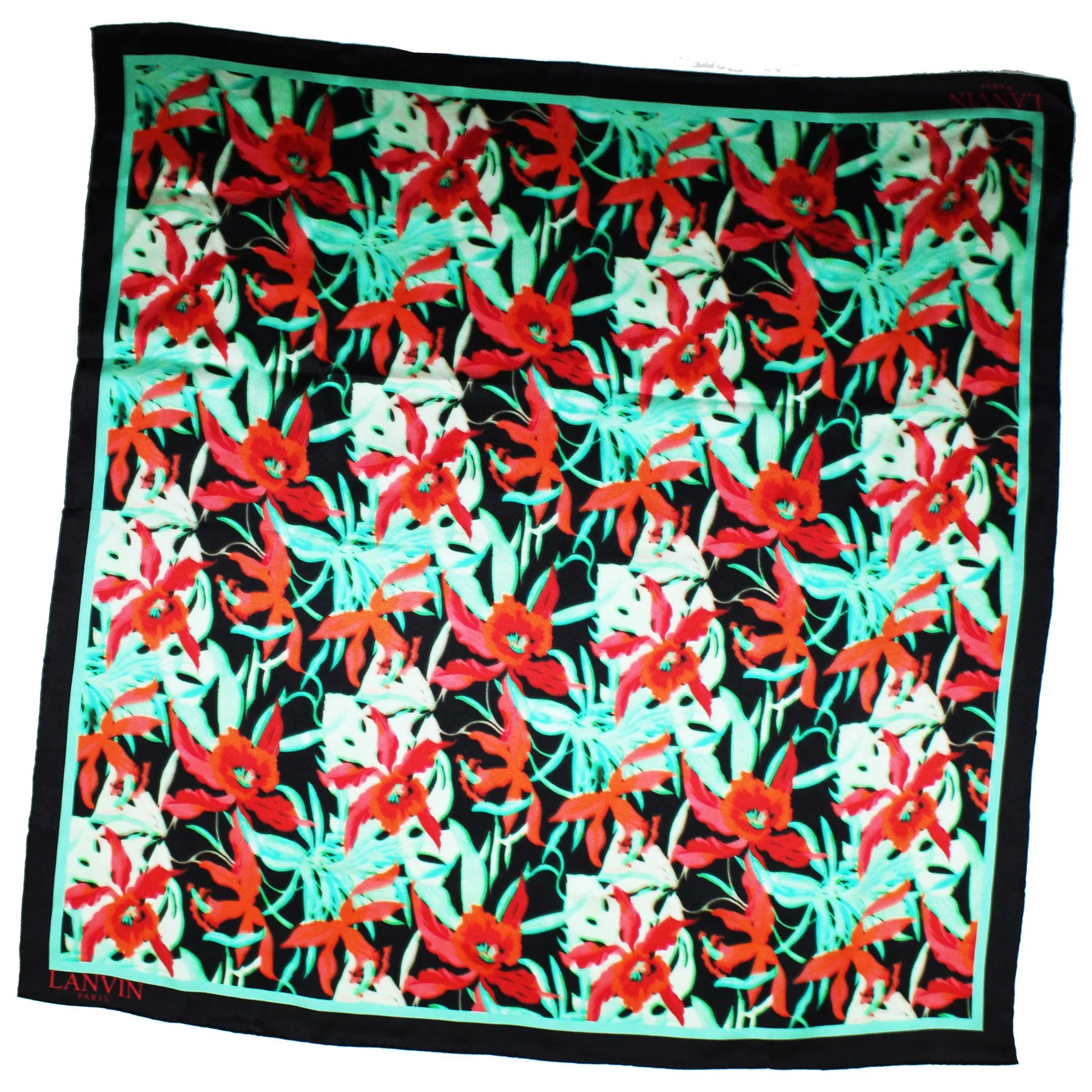 Lanvin Scarf Black Green Red Floral - Square Silk Foulard SALE