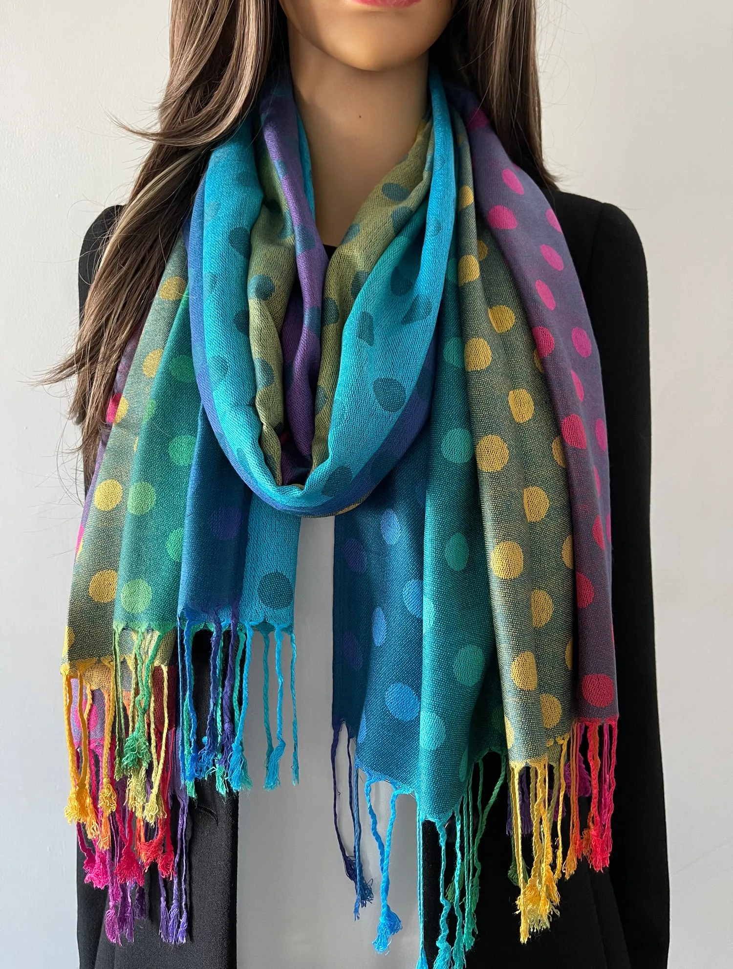 LARGE TEAL MULTI-COLOUR DOT PRINT PASHMINA SHAWL SCARF