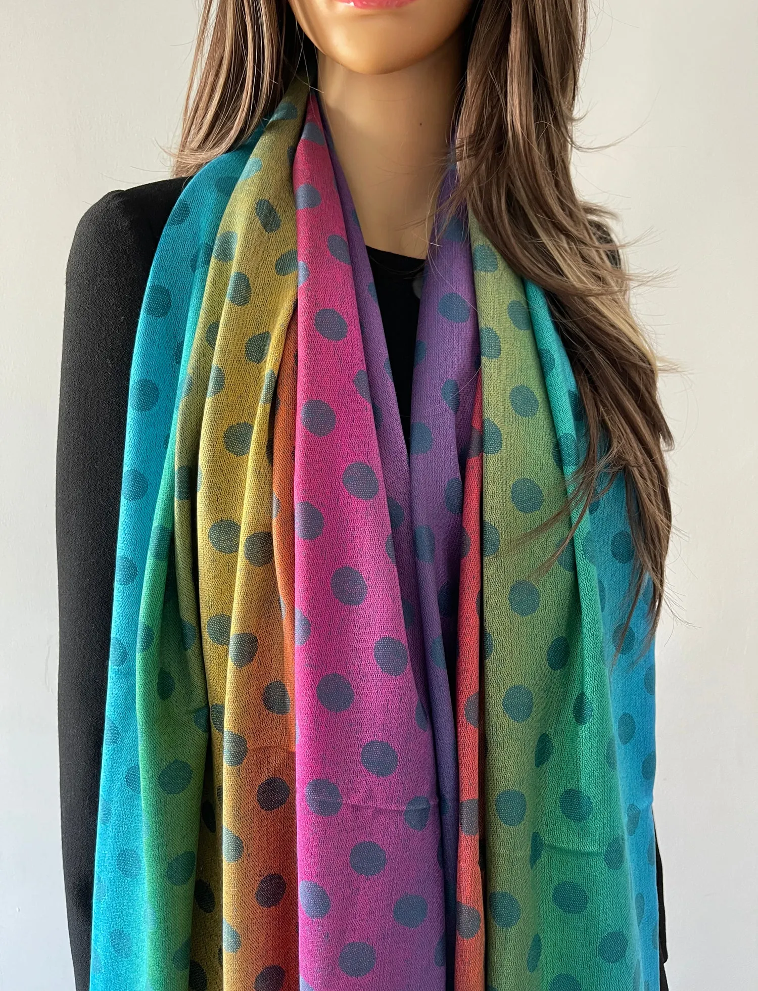 LARGE TEAL MULTI-COLOUR DOT PRINT PASHMINA SHAWL SCARF