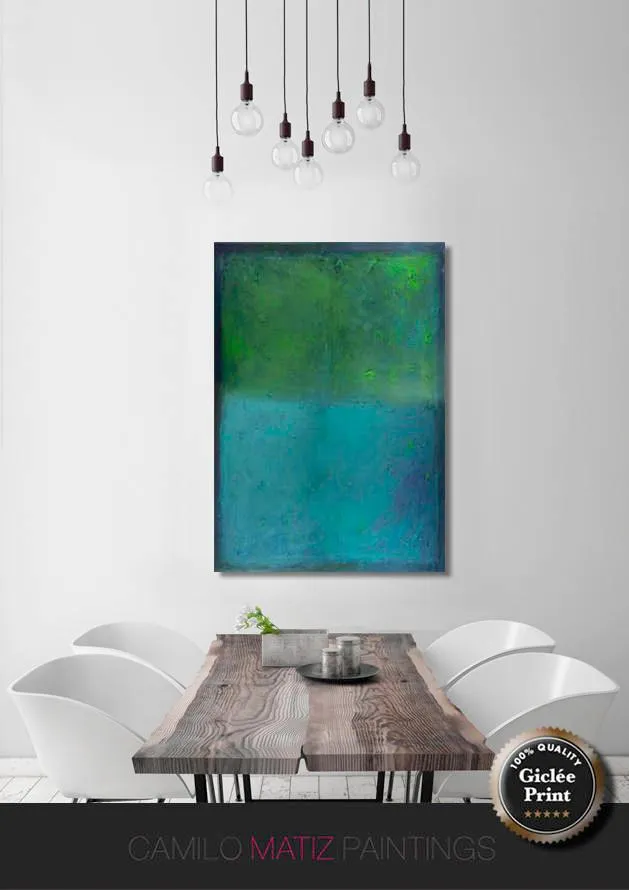 Large wall art giclee print, green blue geometric abstract painting, large abstract painting print, giclee wall art