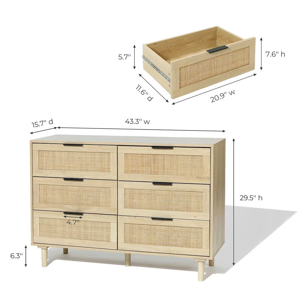 Light Oak Eco Manufactured Wood 6-Drawer Bedroom Dresser