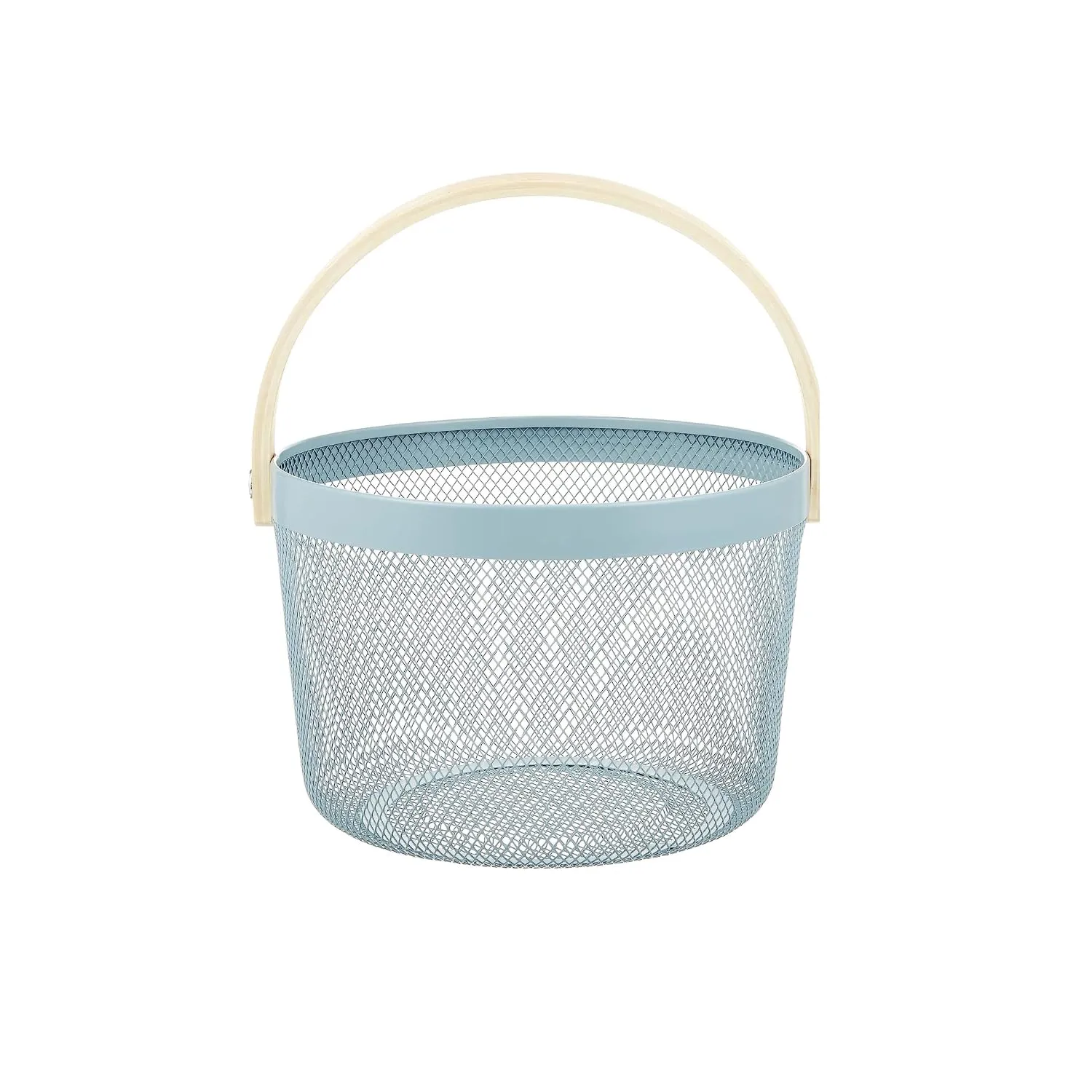 Mesh Steel Basket with Wooden Handle-Round Green