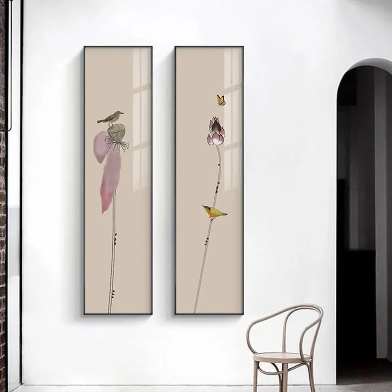 Minimalist Floral Birds & Butterfly Wall Art Fine Art Canvas Prints Tall Vertical Format Pictures For Foyer Lobby Reception Room Art Decor