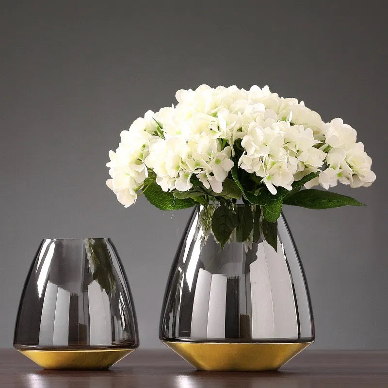 Mirrored Grey Glass Vase with Gold Base