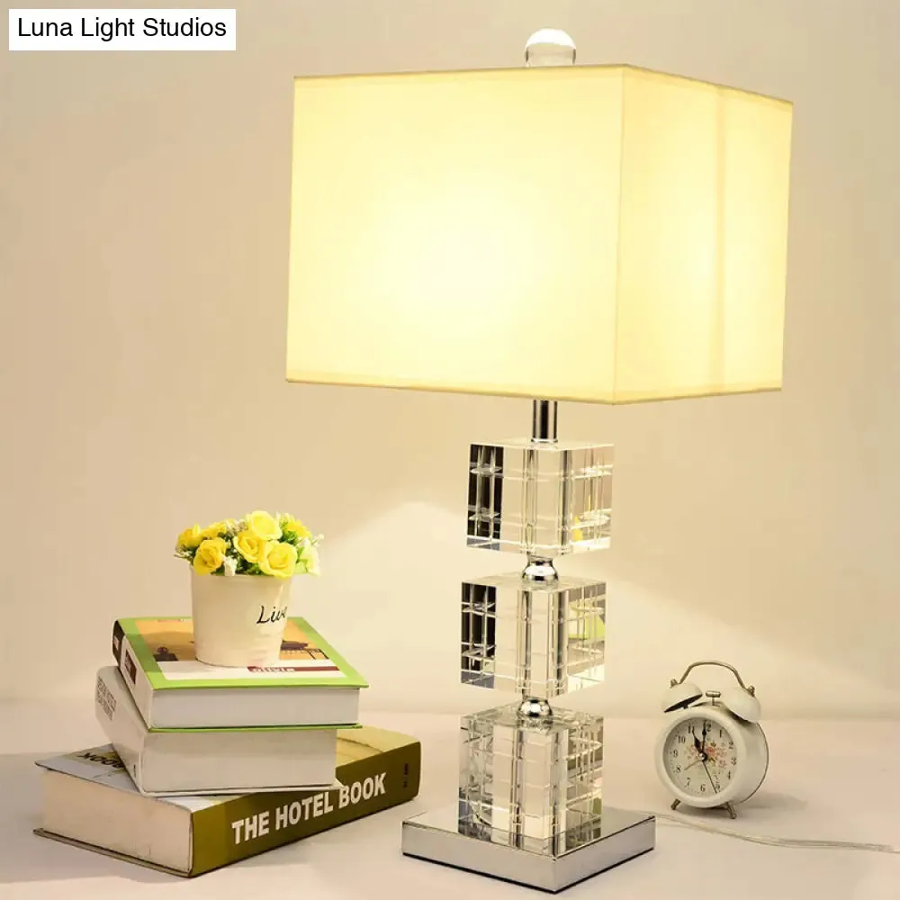 Modernism Small Beige Desk Lamp: Cuboid Fabric Task Lighting with Hand-Cut Crystal