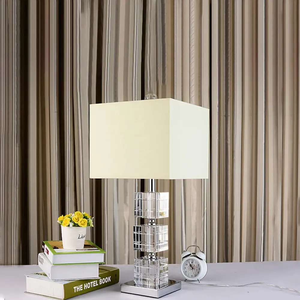 Modernism Small Beige Desk Lamp: Cuboid Fabric Task Lighting with Hand-Cut Crystal