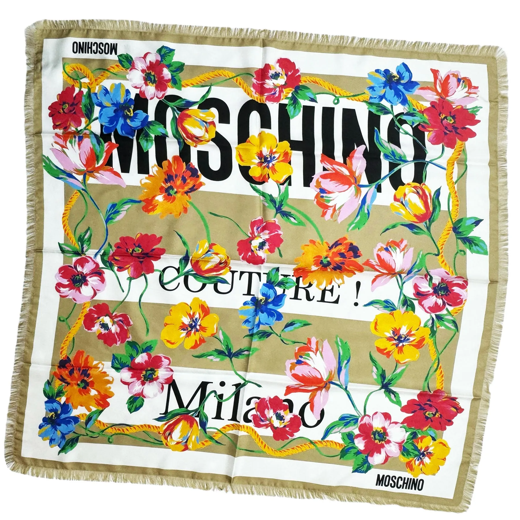 Moschino Scarf Ornamental Floral Taupe - Square Silk Foulard With Fringe