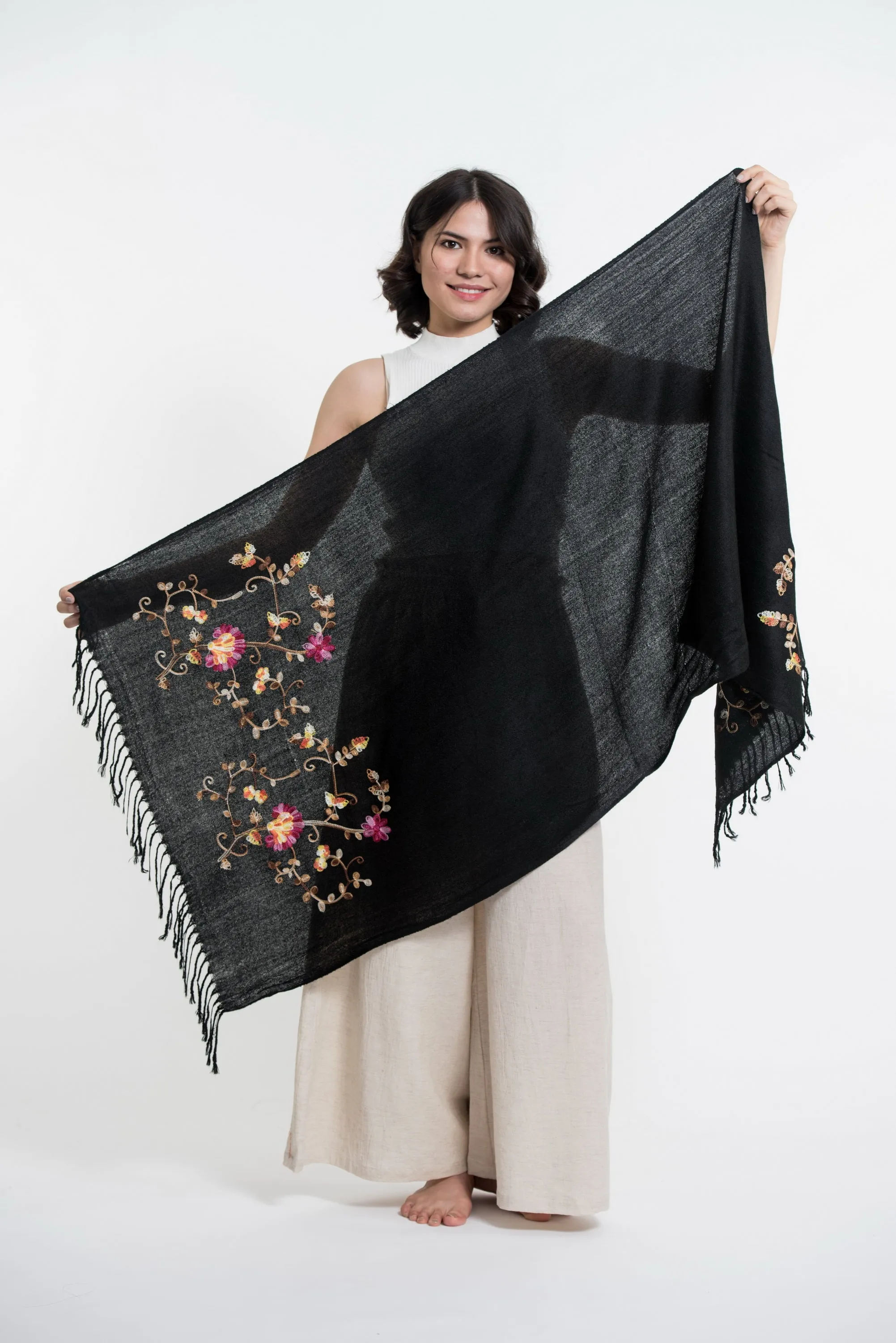 Nepal Floral Embroidered Pashmina Shawl Scarf in Black