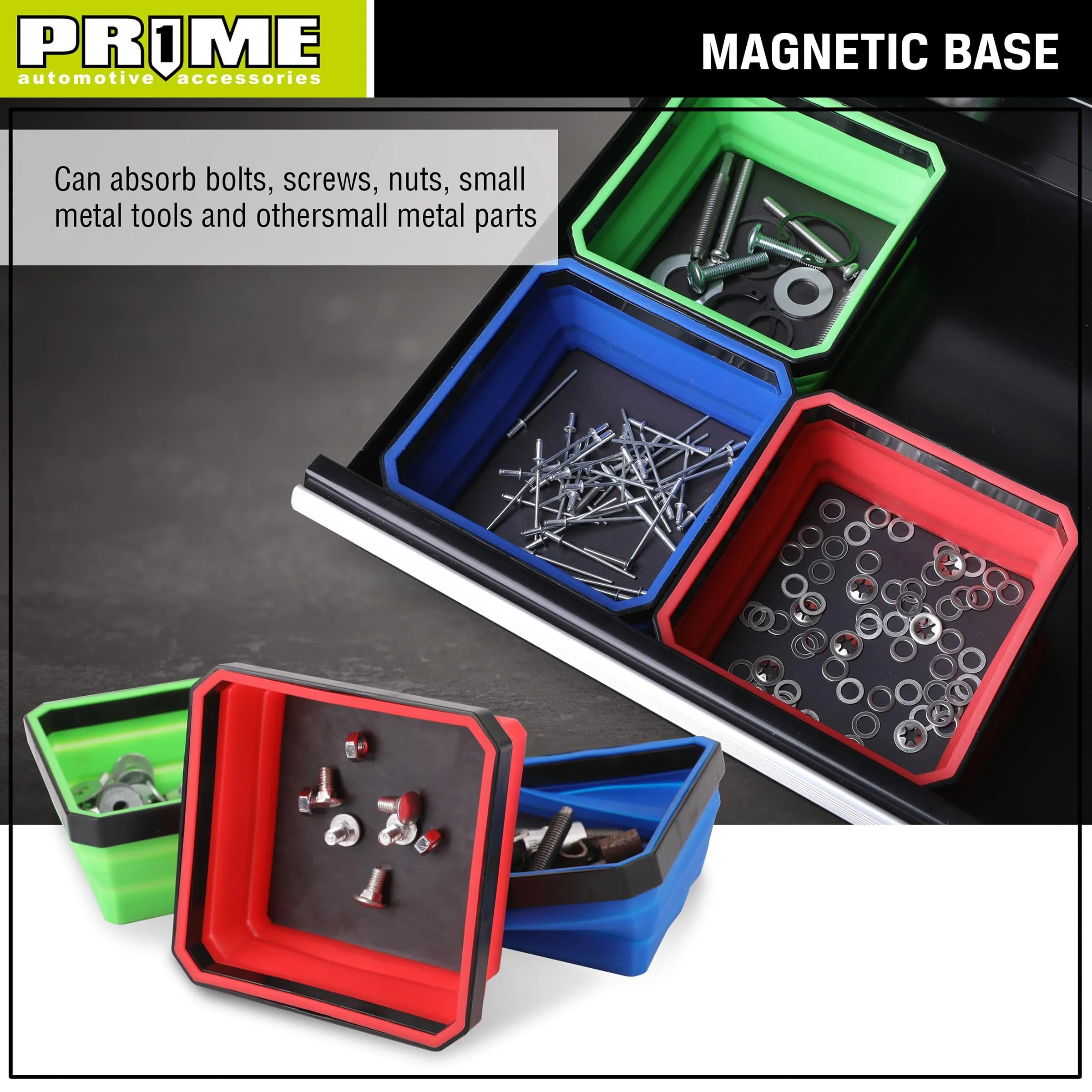 PR1ME Collapsible Magnetic Parts Tray Set, 3 Pieces, Foldable Magnetic Tool, 4.25 inch Square Silicone Bowls with Magnetic Base Stores and Organizes Small Parts and Tools