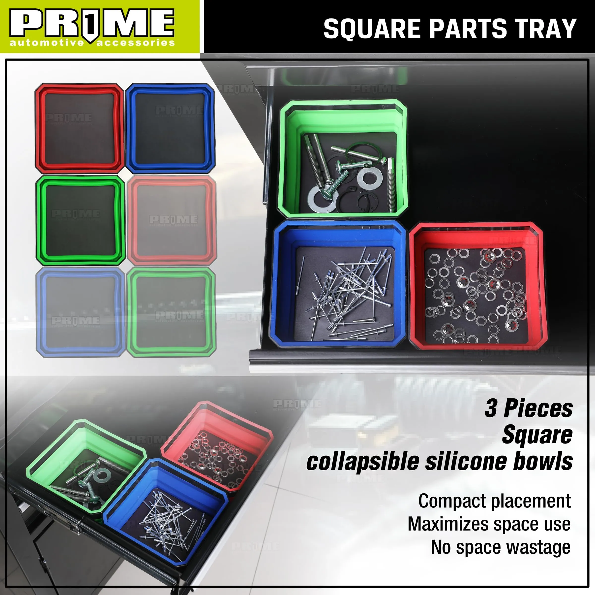 PR1ME Collapsible Magnetic Parts Tray Set, 3 Pieces, Foldable Magnetic Tool, 4.25 inch Square Silicone Bowls with Magnetic Base Stores and Organizes Small Parts and Tools