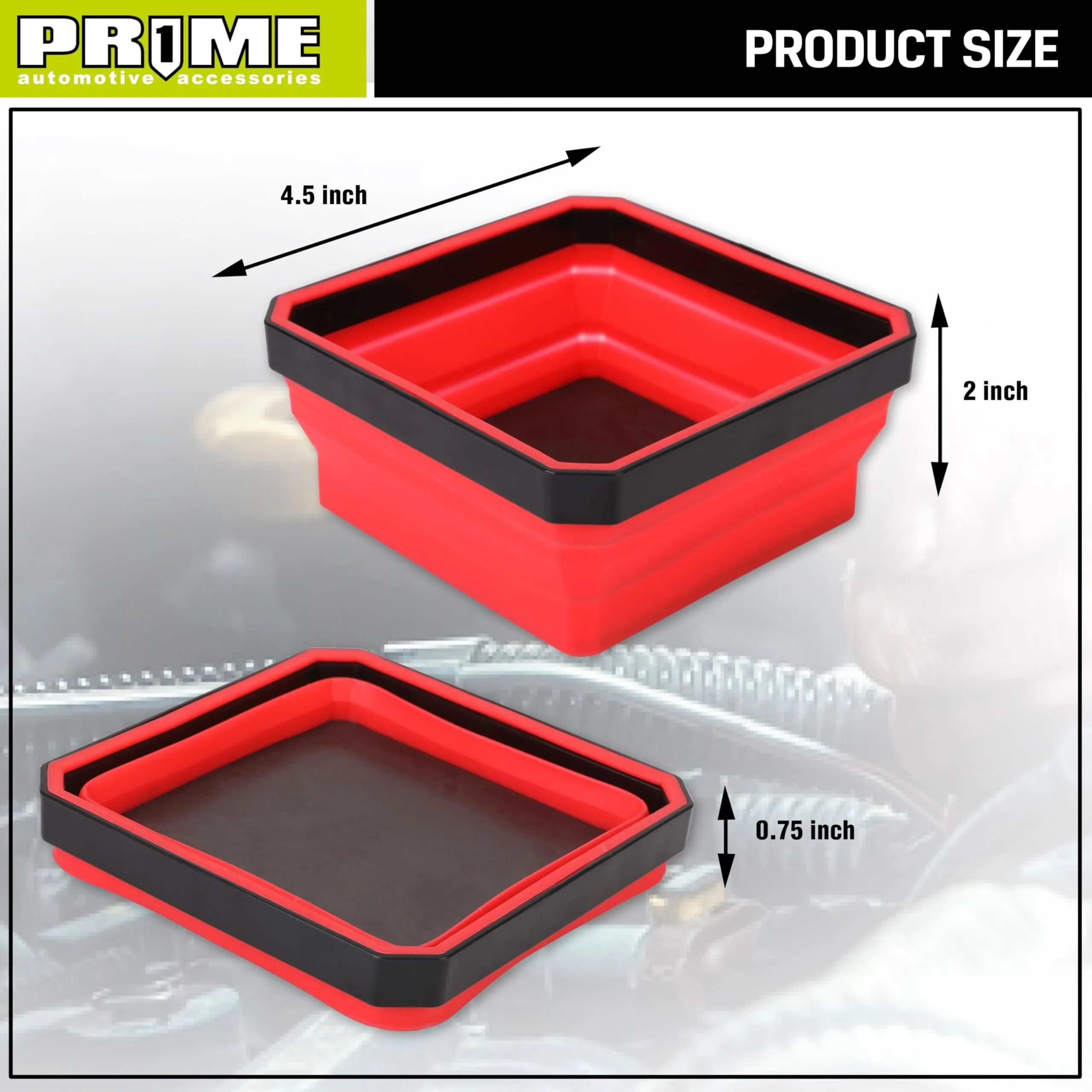 PR1ME Collapsible Magnetic Parts Tray Set, 3 Pieces, Foldable Magnetic Tool, 4.25 inch Square Silicone Bowls with Magnetic Base Stores and Organizes Small Parts and Tools