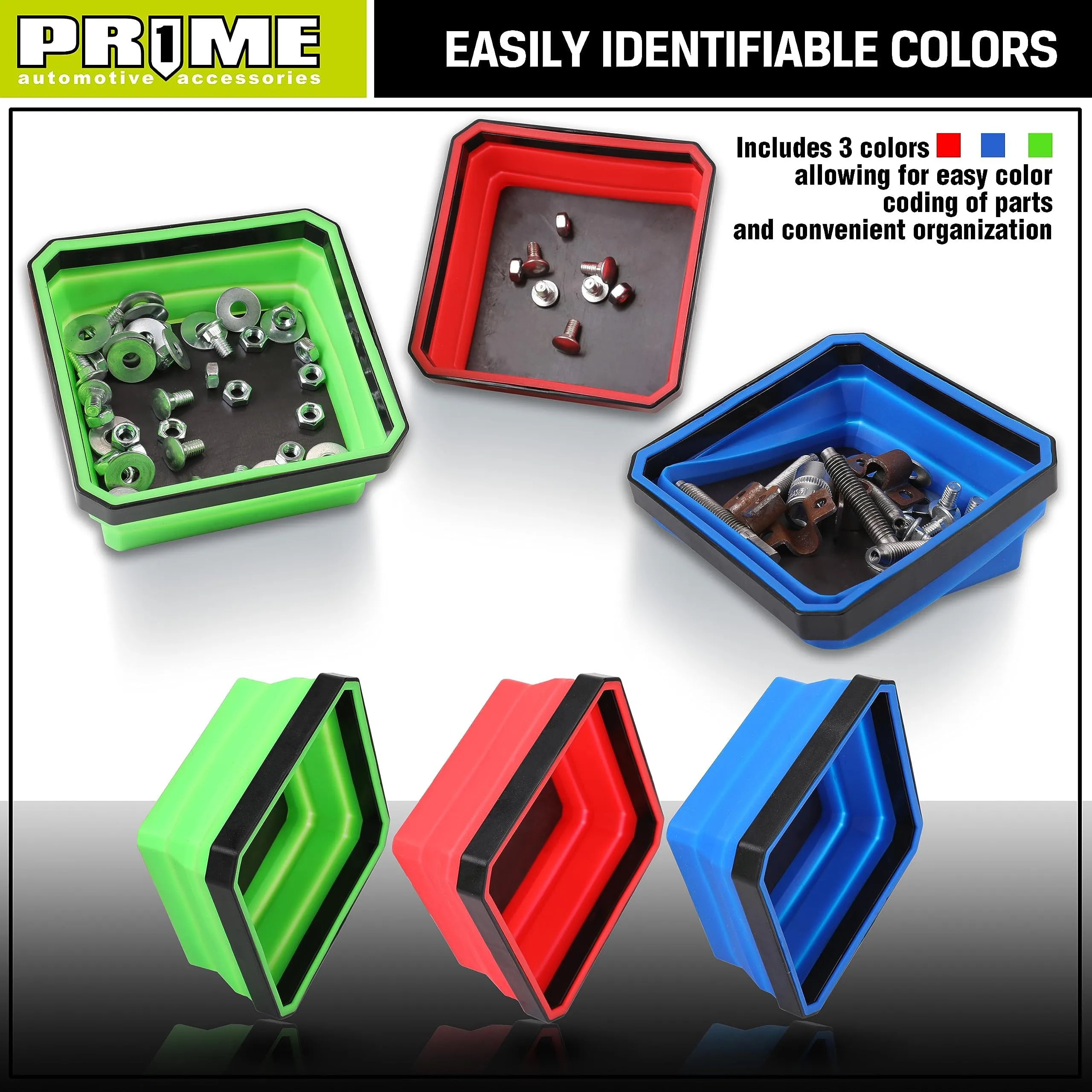 PR1ME Collapsible Magnetic Parts Tray Set, 3 Pieces, Foldable Magnetic Tool, 4.25 inch Square Silicone Bowls with Magnetic Base Stores and Organizes Small Parts and Tools