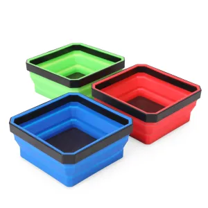 PR1ME Collapsible Magnetic Parts Tray Set, 3 Pieces, Foldable Magnetic Tool, 4.25 inch Square Silicone Bowls with Magnetic Base Stores and Organizes Small Parts and Tools