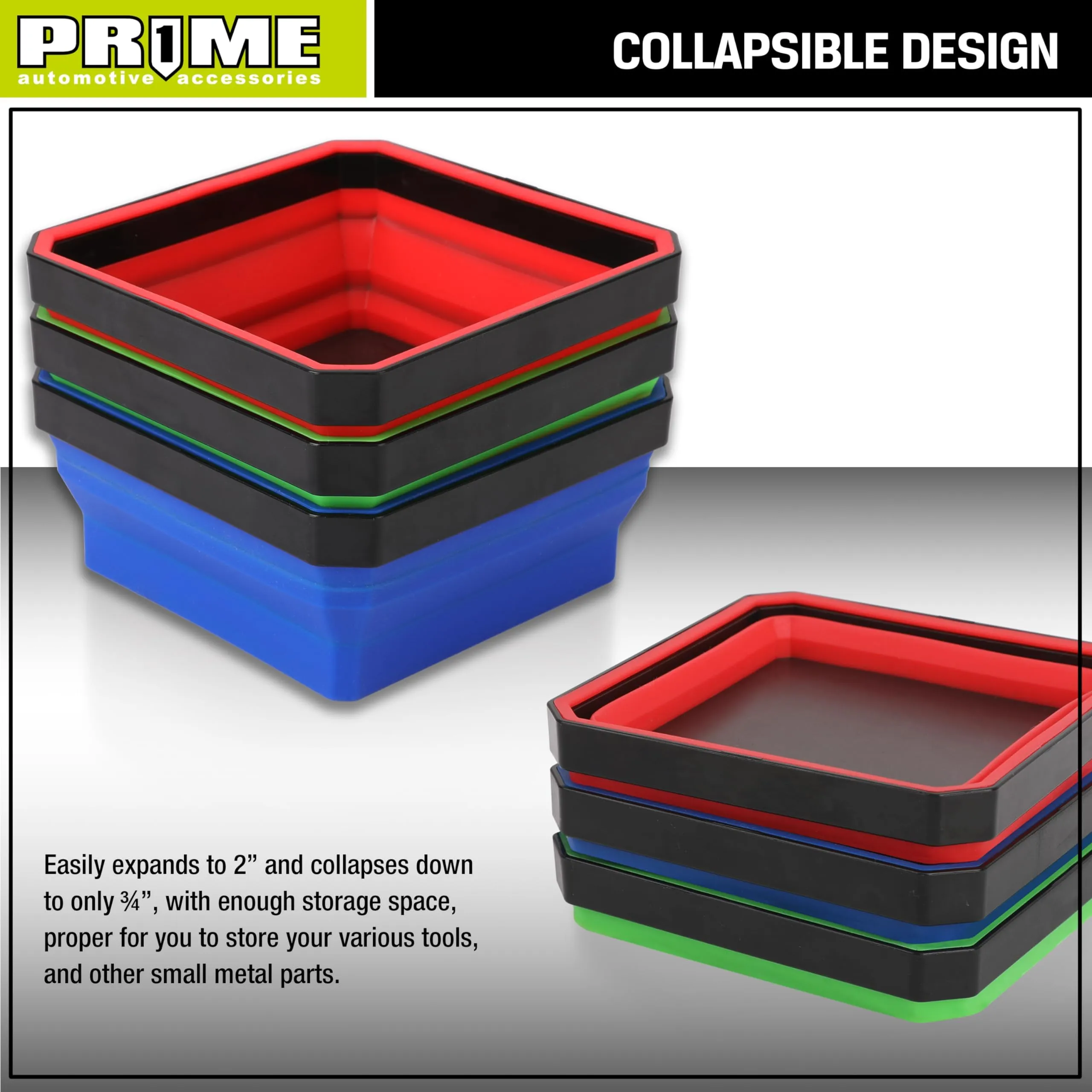 PR1ME Collapsible Magnetic Parts Tray Set, 3 Pieces, Foldable Magnetic Tool, 4.25 inch Square Silicone Bowls with Magnetic Base Stores and Organizes Small Parts and Tools