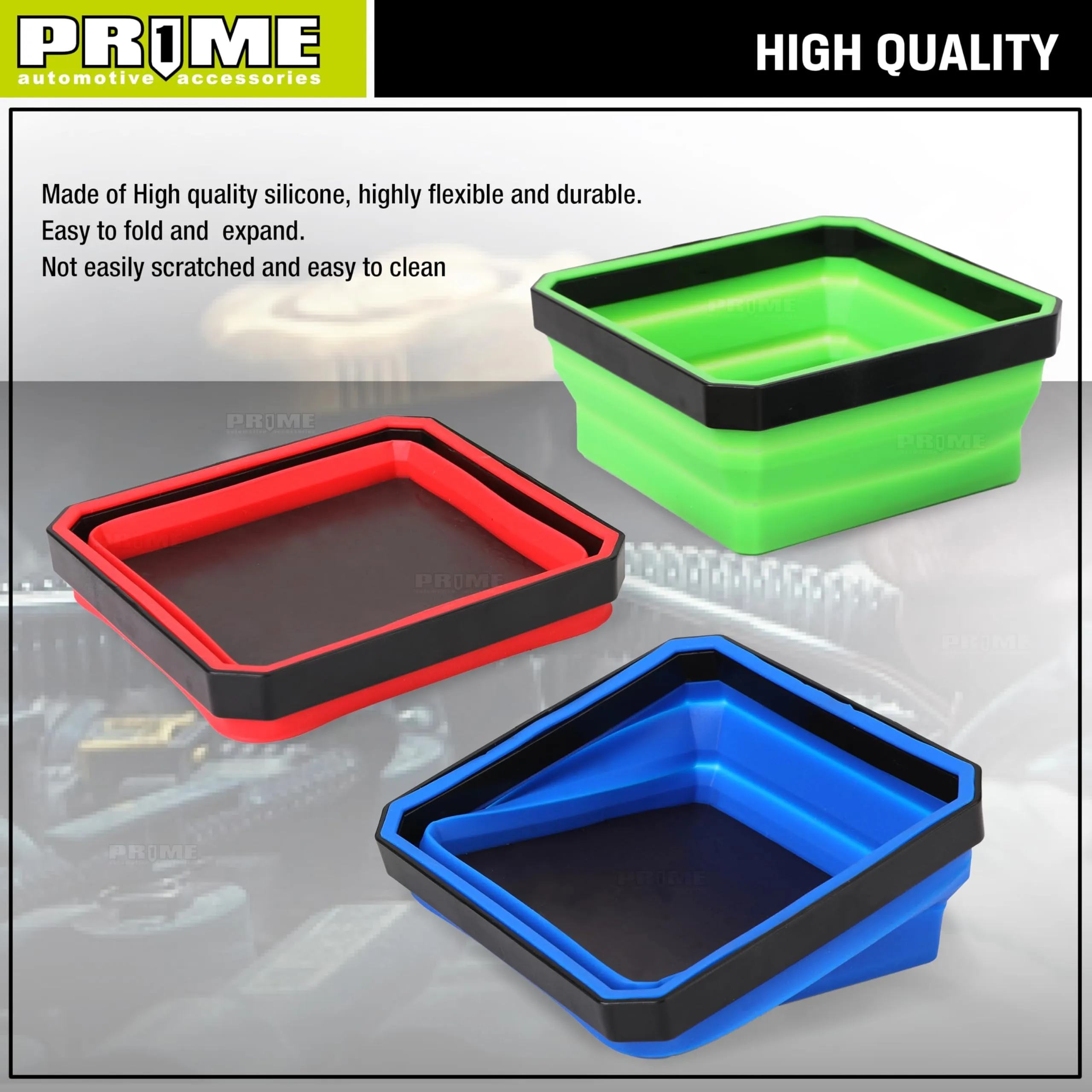 PR1ME Collapsible Magnetic Parts Tray Set, 3 Pieces, Foldable Magnetic Tool, 4.25 inch Square Silicone Bowls with Magnetic Base Stores and Organizes Small Parts and Tools