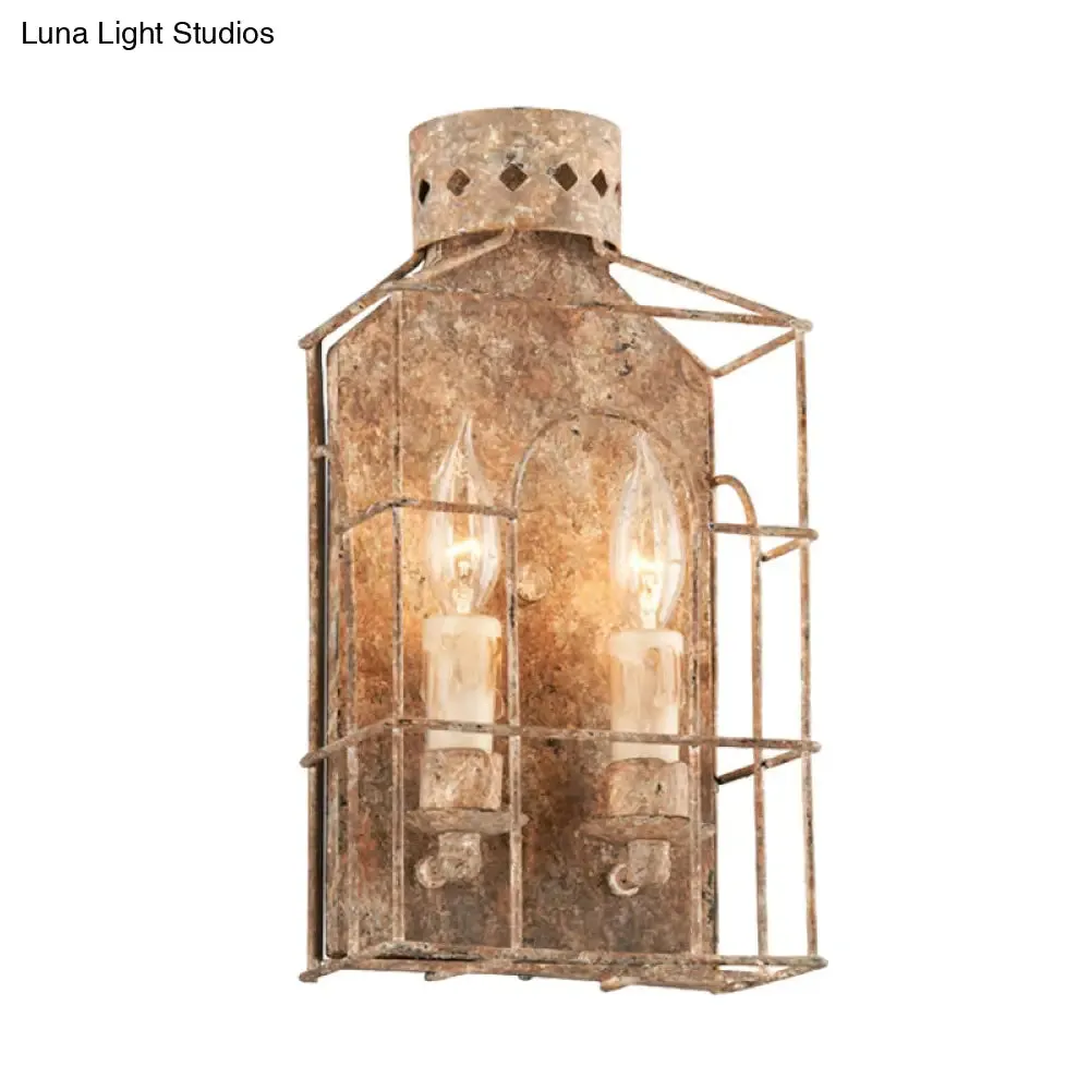 Rustic Metal Wall Mounted Light Fixture with Country Candle Sconce, 2-Bulb Cage Design for Indoor Lighting