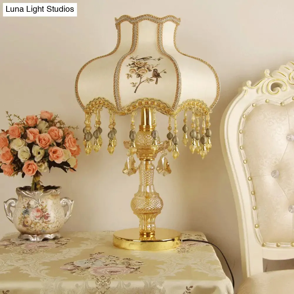 Scalloped Gold Table Light with Crystal Drops - Traditional 1-Head Night Lamp