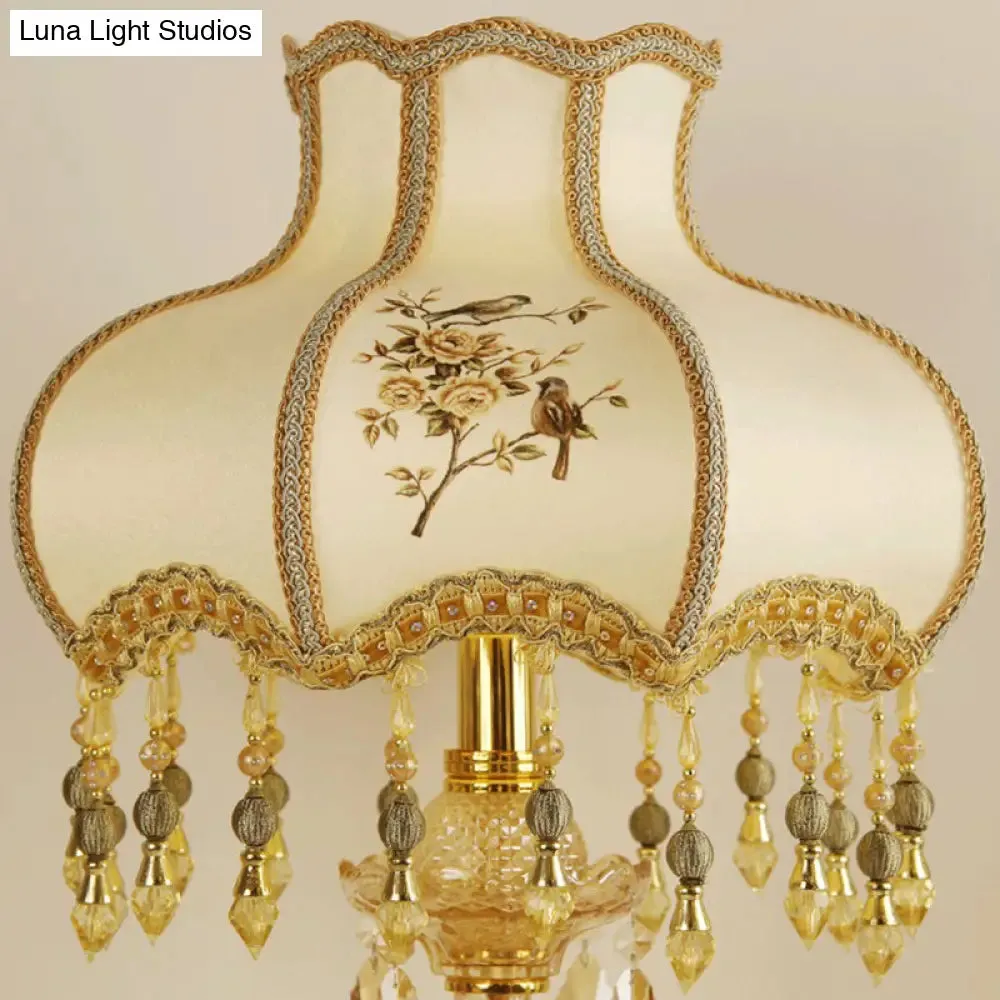 Scalloped Gold Table Light with Crystal Drops - Traditional 1-Head Night Lamp