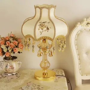 Scalloped Gold Table Light with Crystal Drops - Traditional 1-Head Night Lamp