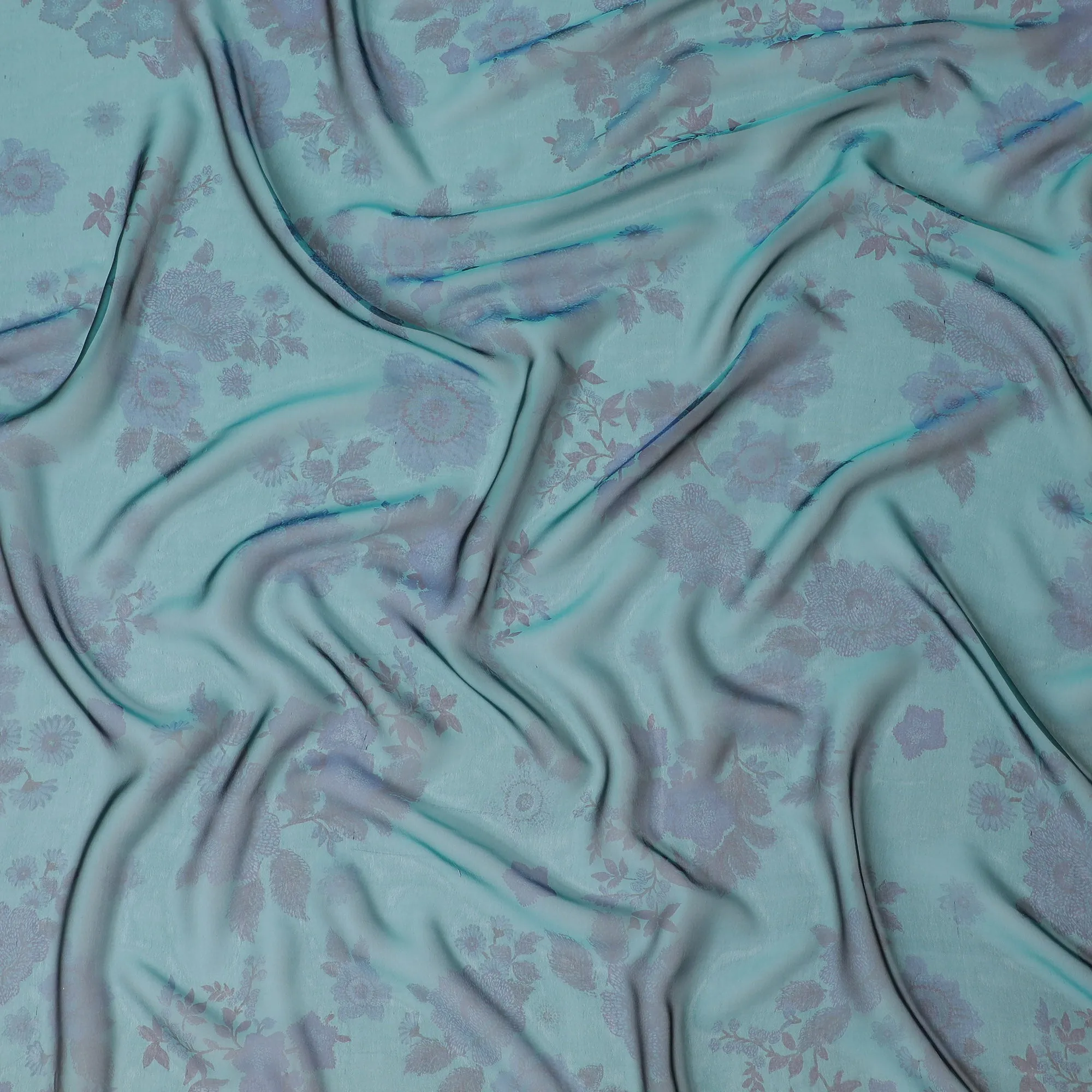 Serene Aqua Silk Chiffon Fabric with Lavender Floral Prints, 110cm Width – Ideal for Spring and Summer Apparel-D20101