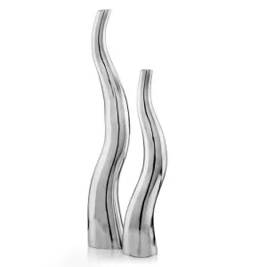 Set of 2 Modern Tall Silver Aluminum Squiggly Vases