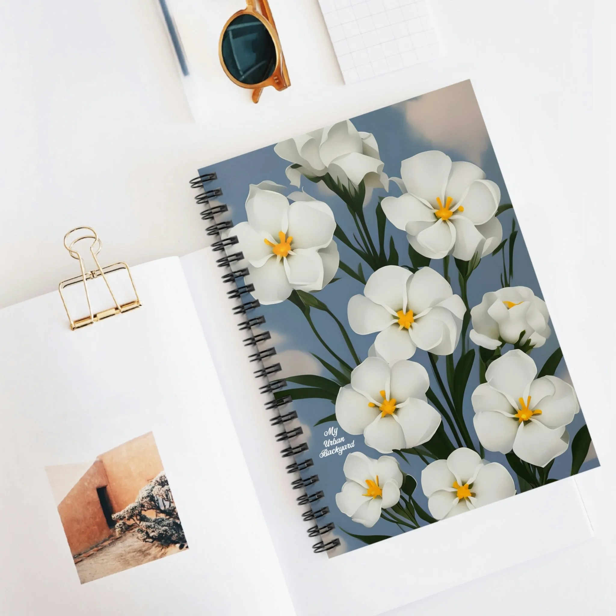 Spiral Notebook Writing Journal with 118 ruled line pages - White Flowers