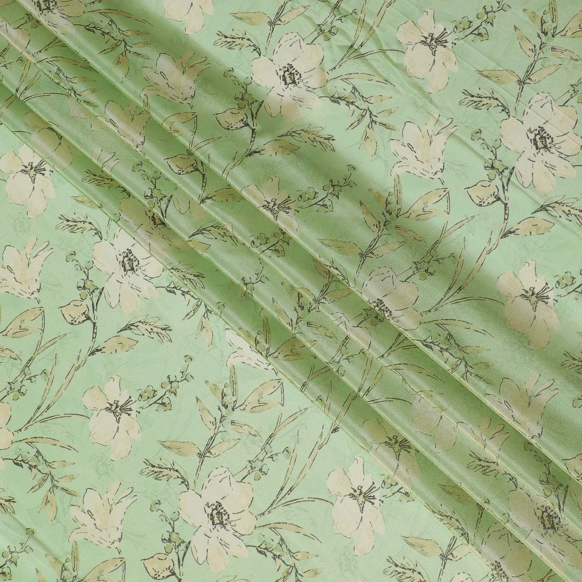 Spring Green Organza Fabric - Soft Floral Outline Print, 110cm Width, Delicate Sheen Finish-D18943