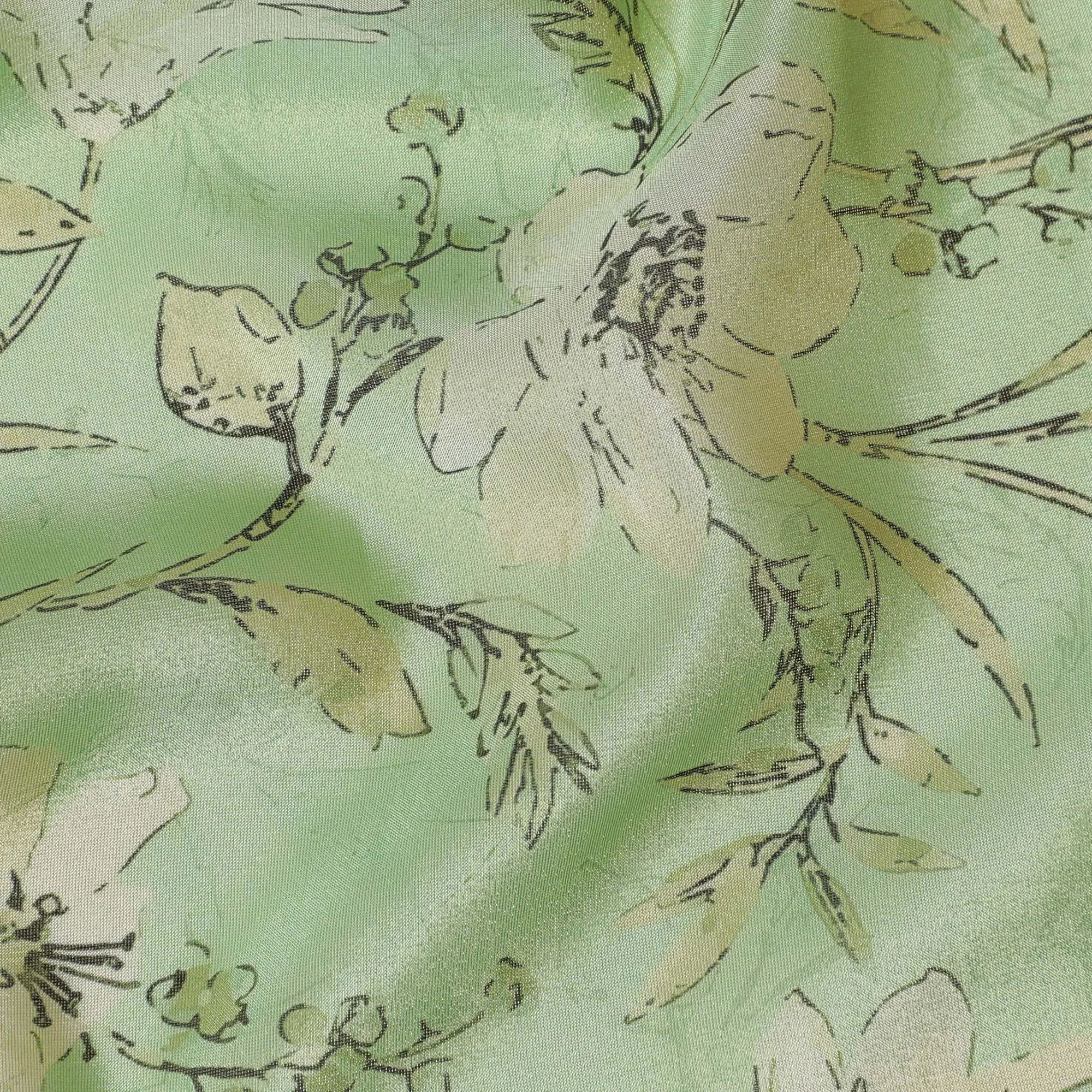 Spring Green Organza Fabric - Soft Floral Outline Print, 110cm Width, Delicate Sheen Finish-D18943