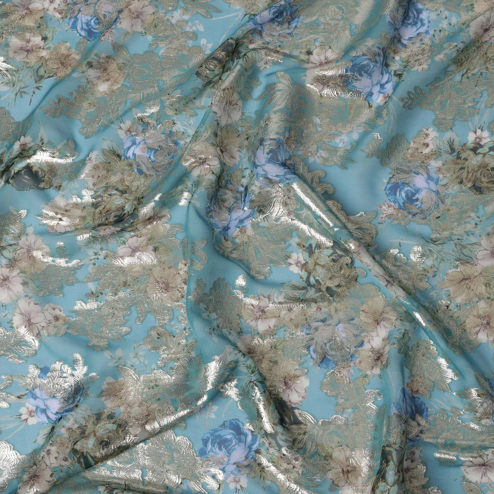 Teal Blue Floral Silk Chiffon Fabric with Metallic Lurex, Width 140 cm, South Korea-D21271