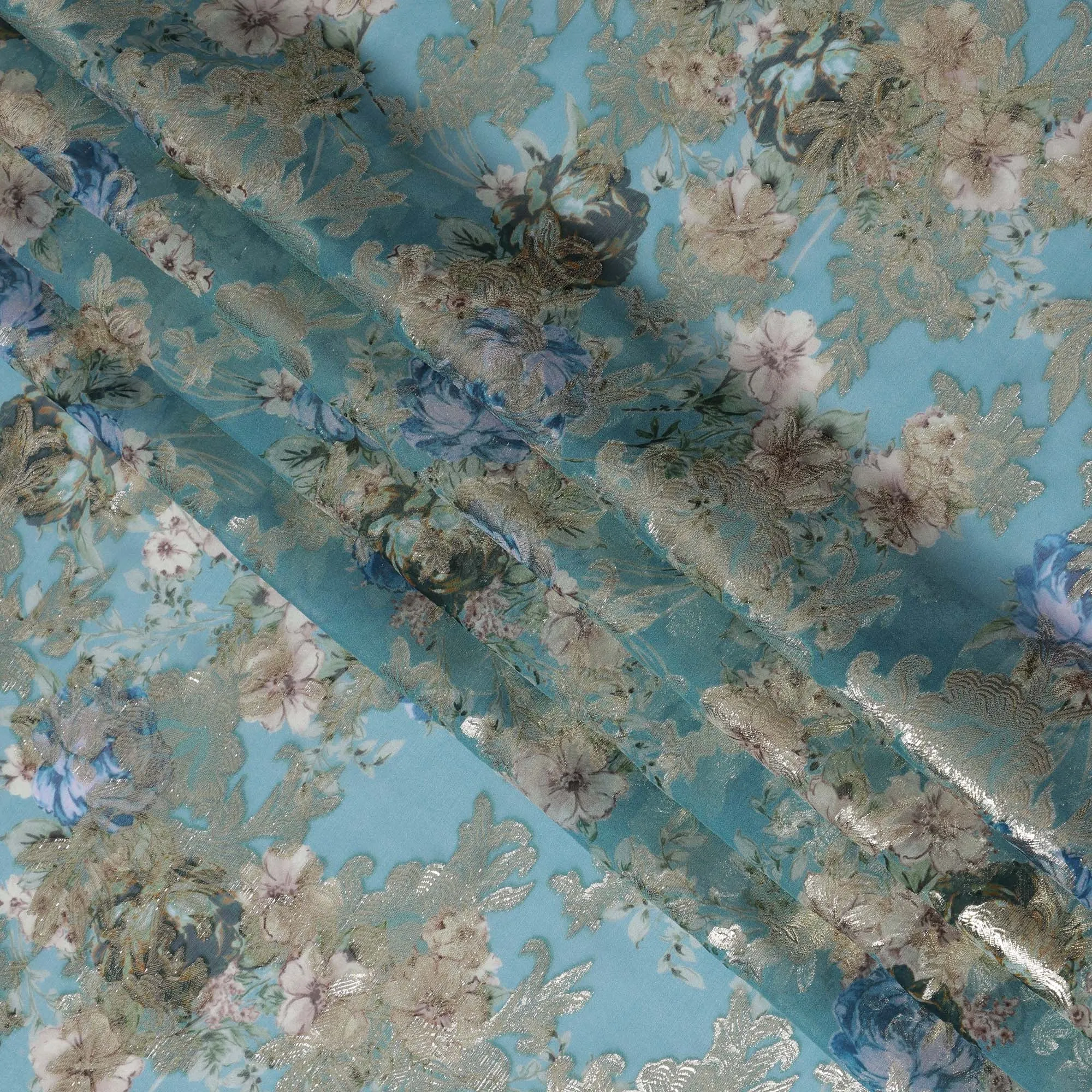 Teal Blue Floral Silk Chiffon Fabric with Metallic Lurex, Width 140 cm, South Korea-D21271