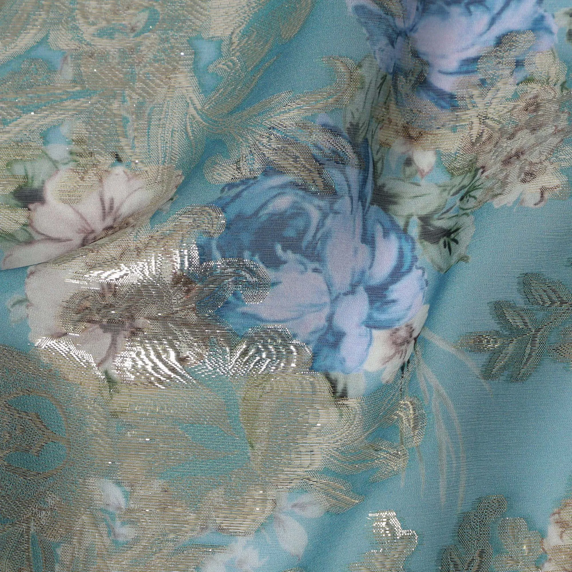 Teal Blue Floral Silk Chiffon Fabric with Metallic Lurex, Width 140 cm, South Korea-D21271