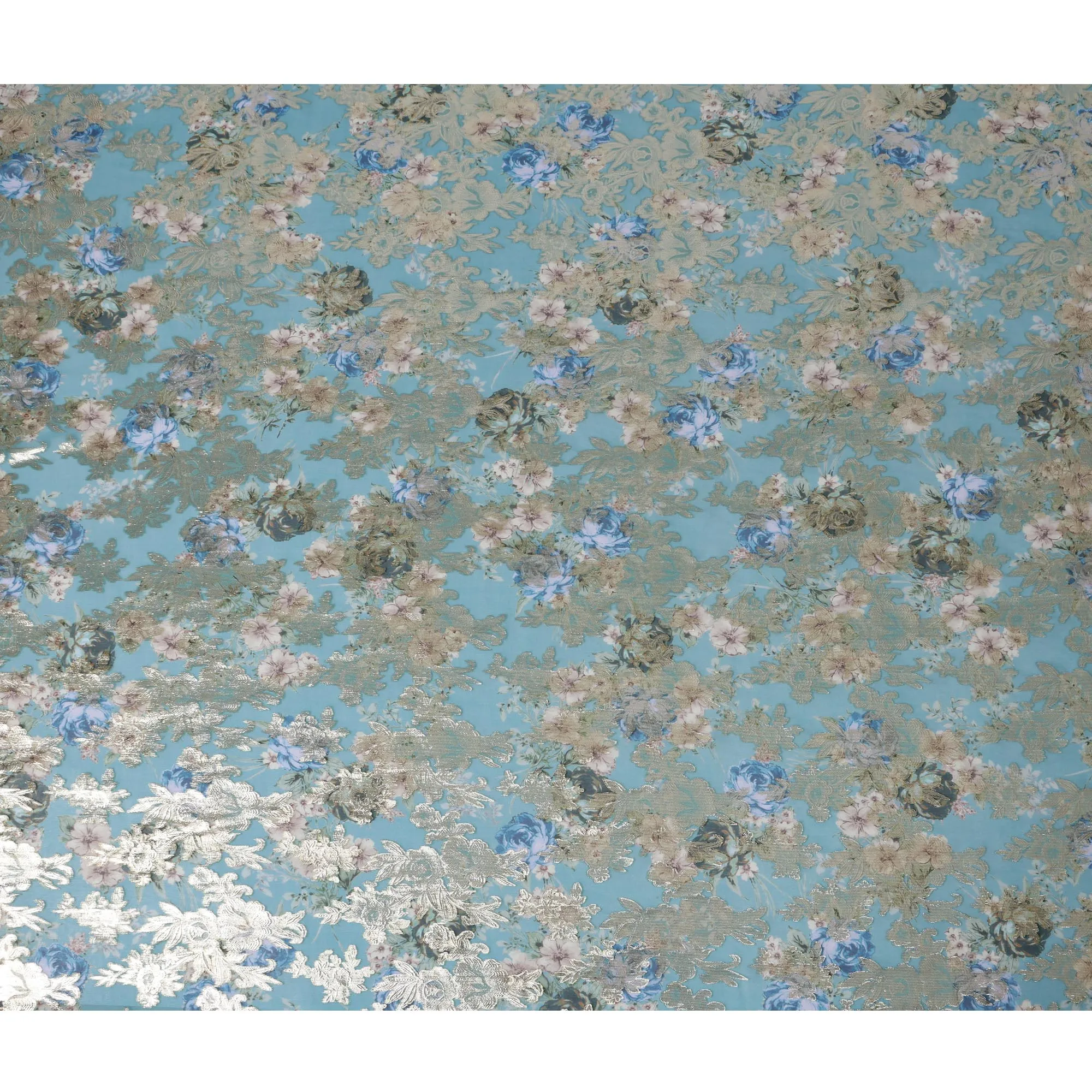 Teal Blue Floral Silk Chiffon Fabric with Metallic Lurex, Width 140 cm, South Korea-D21271