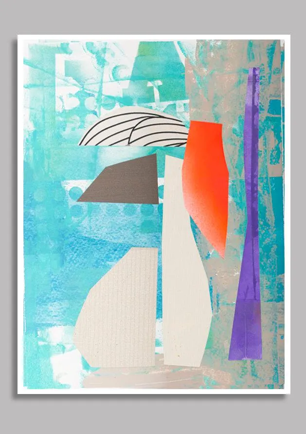 Teal blue flower vase print, abstract painting print, collage print, minimalist art