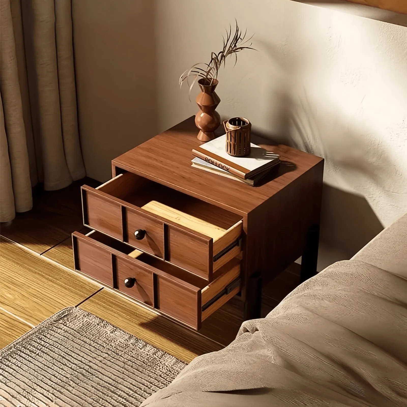 Walnut Two-Drawer Nightstand Wooden Bedside Cabinet Bedroom Wood Night Table