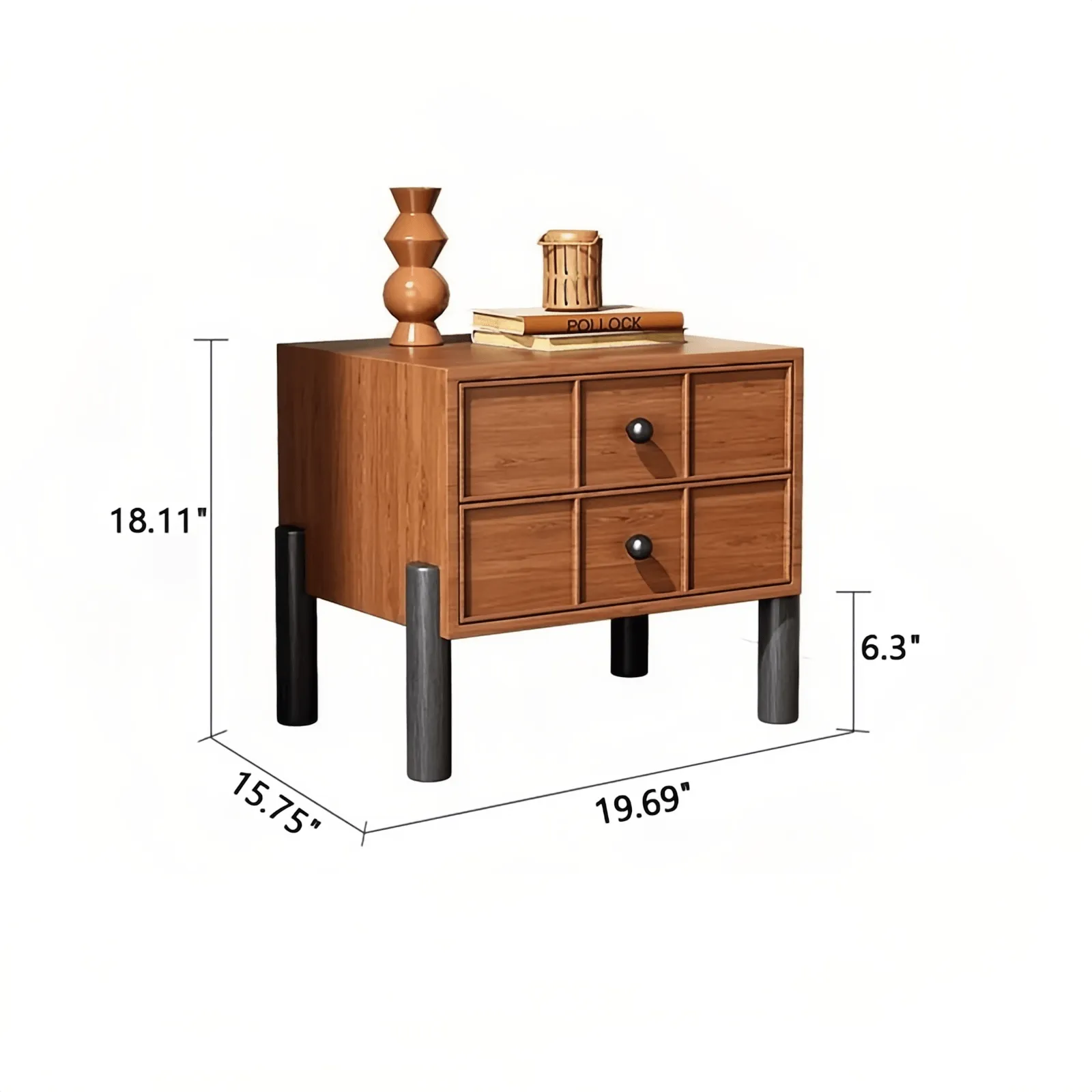 Walnut Two-Drawer Nightstand Wooden Bedside Cabinet Bedroom Wood Night Table