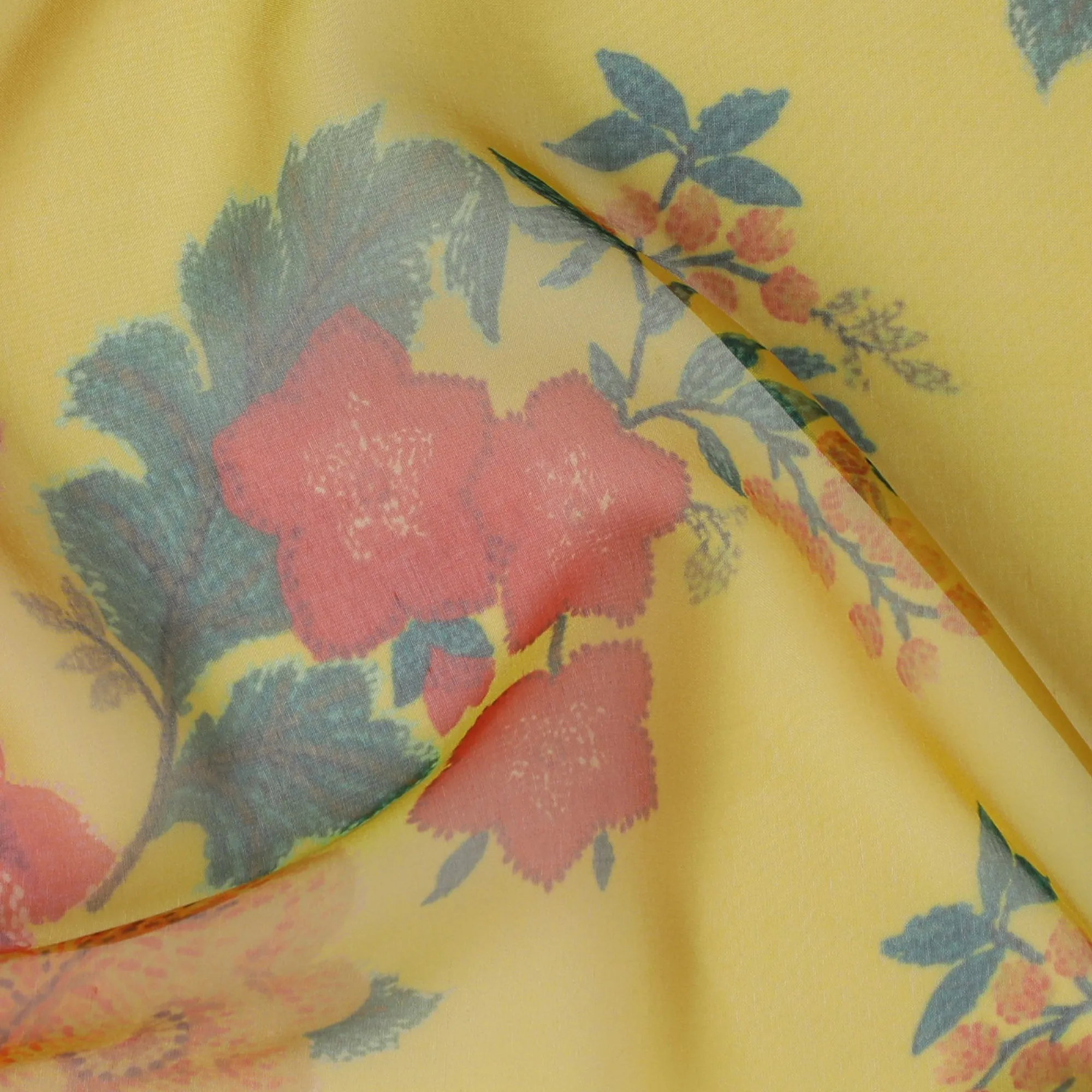 Yellow and Pink Floral Pure Silk Chiffon Fabric, 110 cms, South Korea-D19881