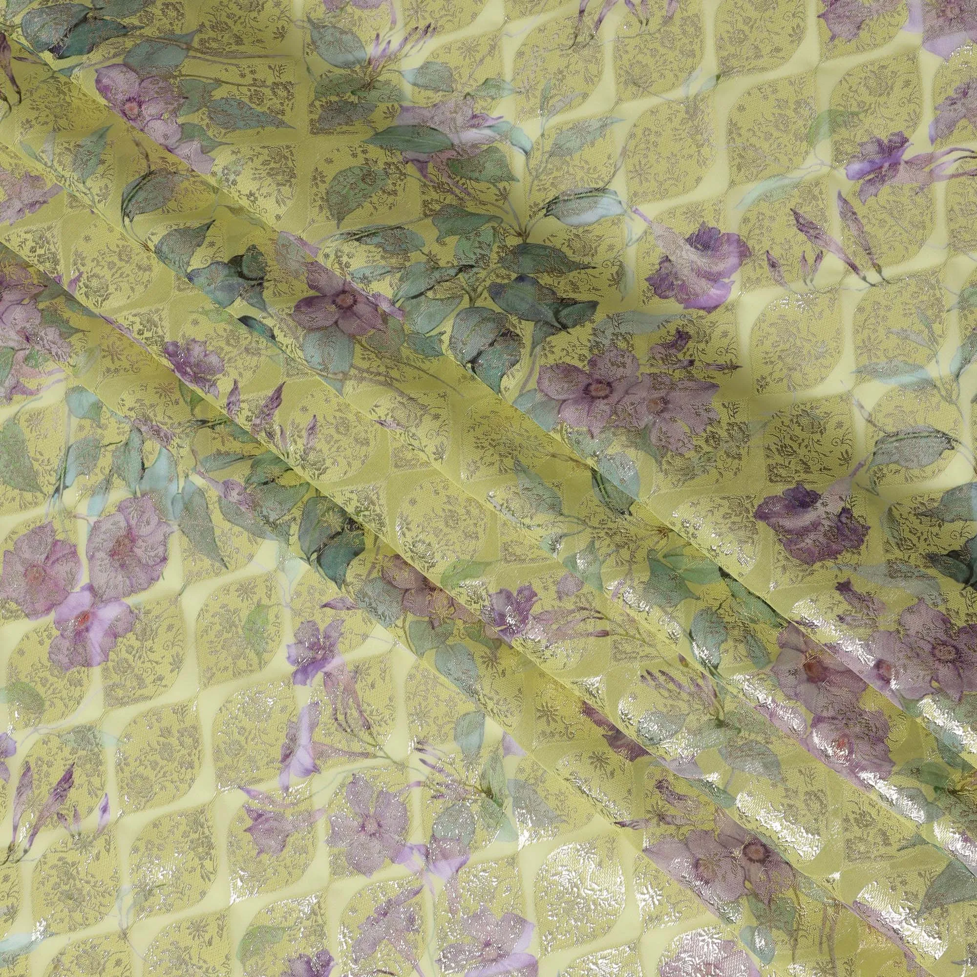 Yellow Floral Silk Chiffon Fabric with Metallic Lurex, Width 140 cm, South Korea-D21263