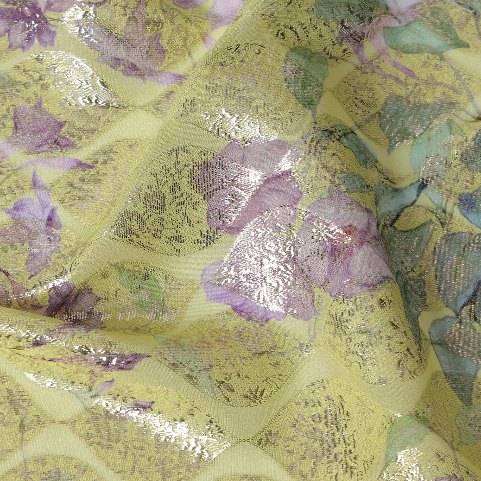 Yellow Floral Silk Chiffon Fabric with Metallic Lurex, Width 140 cm, South Korea-D21263