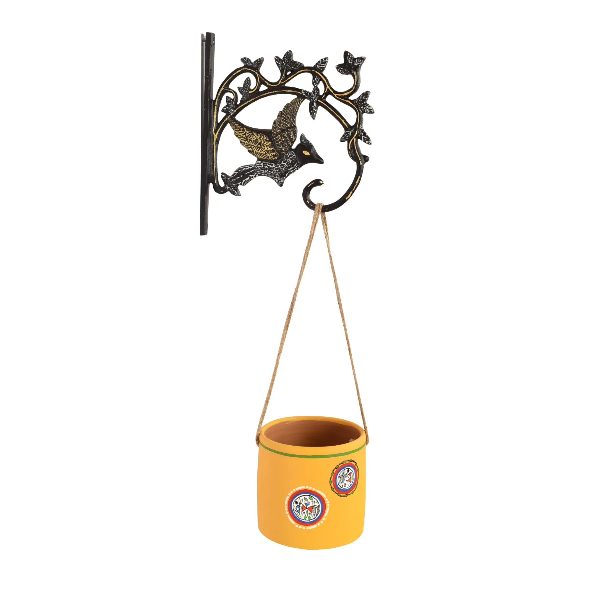 Yellow Warli Terracotta Hanging Planter with Metal Wall Hanging