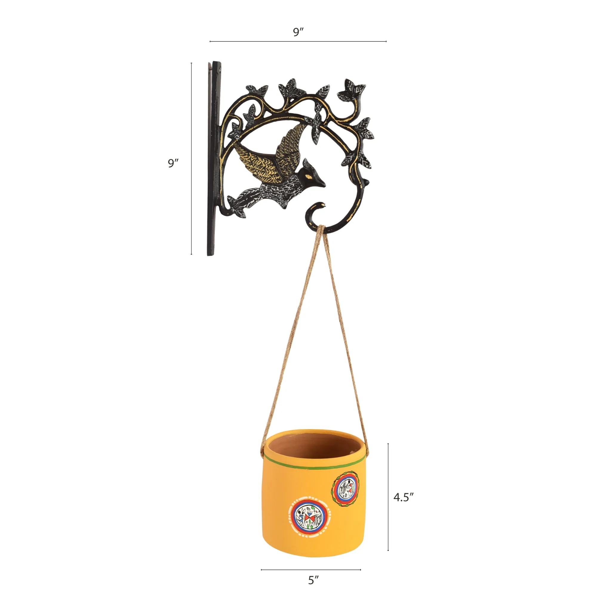 Yellow Warli Terracotta Hanging Planter with Metal Wall Hanging