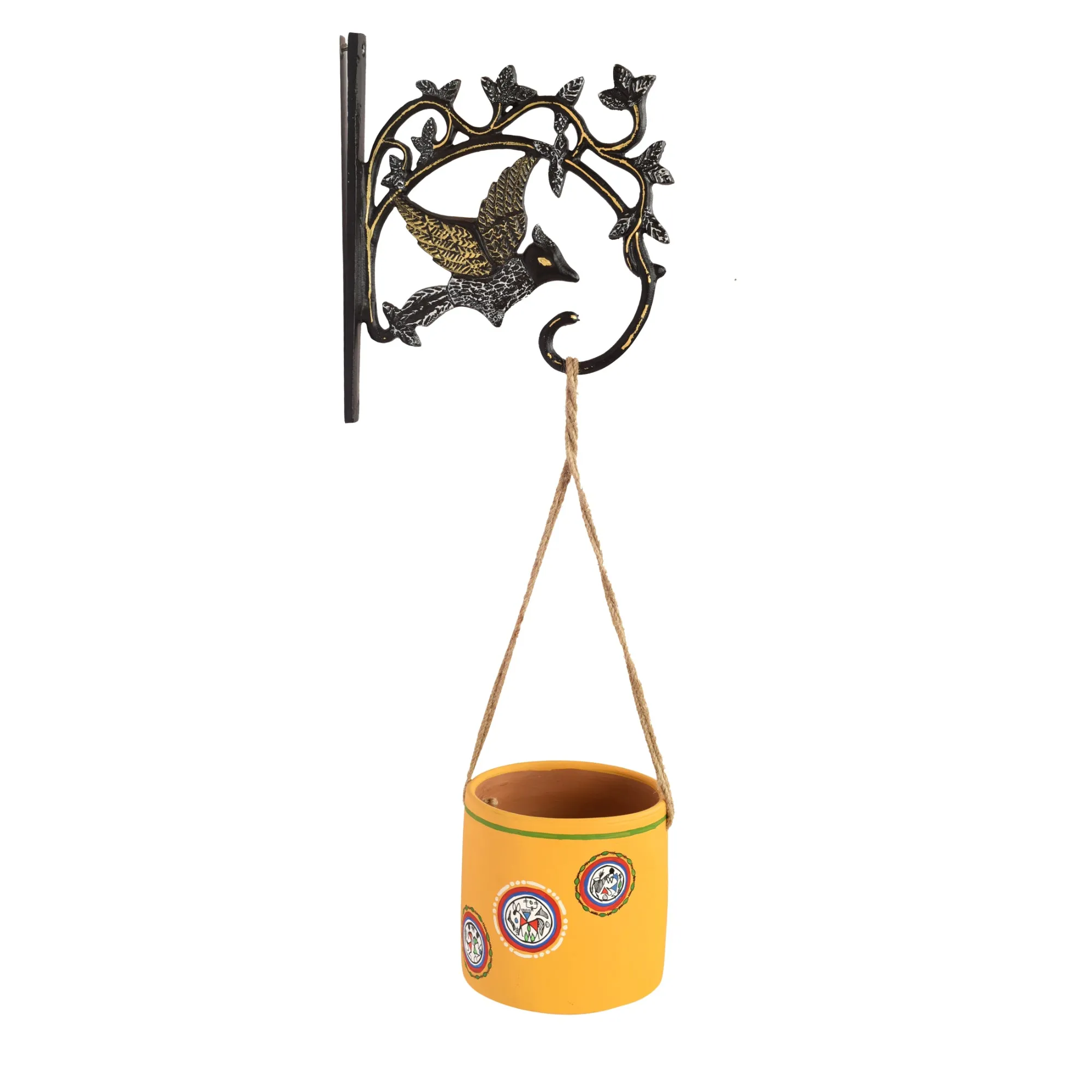 Yellow Warli Terracotta Hanging Planter with Metal Wall Hanging